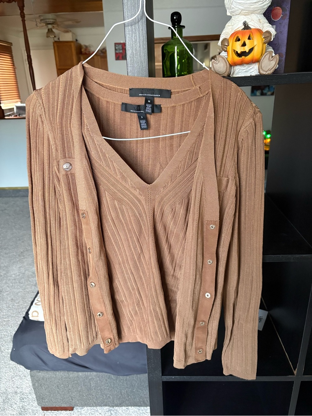 White House Black Market Brown Ribbed V-Neck Sweater Tank & Cardigan Set